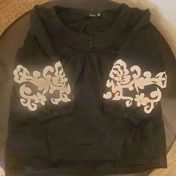 ANA Women's Black Cotton Tunic/Peasant Top - Picture 2 of 10